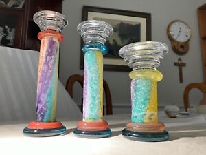 Very Rare KOSTA BODA Multicolor Art Glass Candlesticks Set of 3 Handmade Sweden