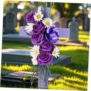 Cross for Cemetery Grave with Flowers: Outdoor Grave Decorations - 1Pc Purple - Picture 1 of 8