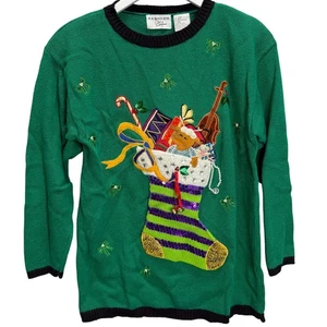 Vintage Fashion Only Christmas Sweater Green Stocking Bells Embellished Size M - Picture 1 of 7