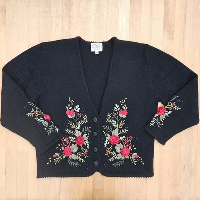 Винтажный Susan Bristol кардиган свитер женщин M цветочный шерсти романтическая вышивка - Изображение 1 из 4