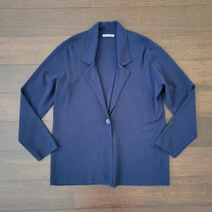 Geneology Womens Knit Blazer Jacket Size 1X Navy Blue Button-Up Collared Viscose - Picture 1 of 8