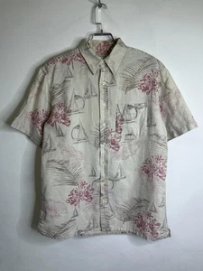 Vintage Covington Linen Cotton Hawaiian Shirt Sailboat Floral Print Beige Red - Picture 1 of 7