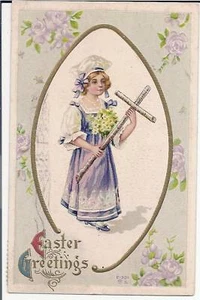 Nash Girl Holding Wooden Cross Easter Greeting Postcard - Picture 1 of 1
