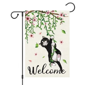 Black Cat Welcome Garden Flag Double Sided Burlap Yard Flag for Ourdoor - Picture 1 of 7