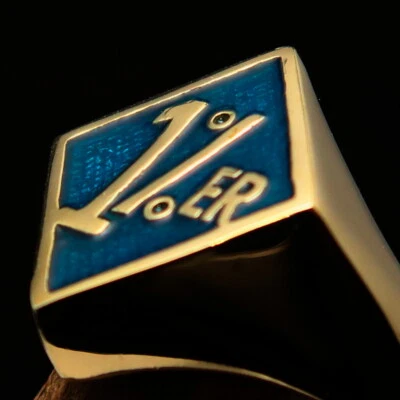 DIAMOND SHAPED MENS BRASS BIKER RING 1% ER ONE PERCENTER SYMBOL BLUE SIZE 11 - Image 1 of 4