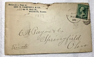 Wichita KS Stamped Envelope Mar 1889 2 Cents Green - Picture 1 of 4