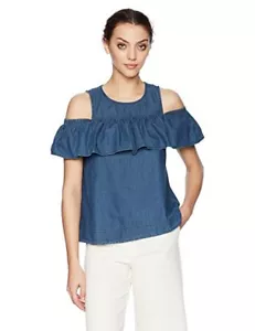 Womens Denim Cold Shoulder Blue Top Blouse Ruffle Short Sleeve 10/12 UK Cotton - Picture 1 of 6