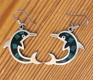 Vintage Mexico Sterling Silver Dolphin Turquoise Inlay Hook Earrings Taxco TN-47 - Picture 1 of 7