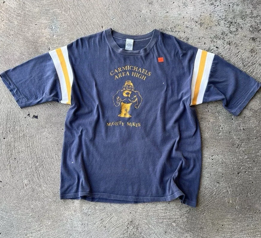 Camisa Grande Vintage Años 60 Carmichael’s Mighty Mikes High School Mascota Logo Foto 1 de 4