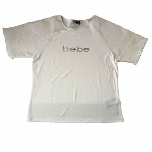 Bebe Embellished Ribbed Top Frayed Hem Sleeve Color Marshmallow Size Juniors XL - Picture 1 of 13