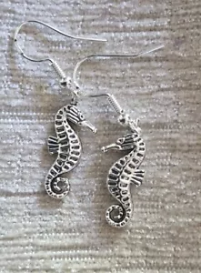 Tibetan silver seahorse charm drop earrings on stamped 925 silver fish hooks - Picture 1 of 3