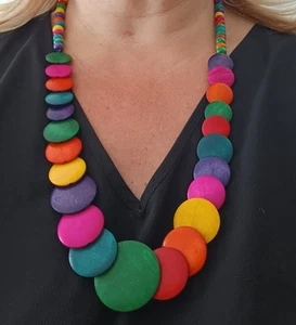 Hand crafted Bohemian Style Wooden disc necklace rainbow colours NEW boho - Picture 1 of 6
