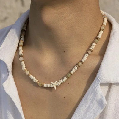 Ожерелье мужское пляжное серферское ручной работы из деревянных бусин с кокосовой скорлупой морскими звездами богемное - Изображение 1 из 4