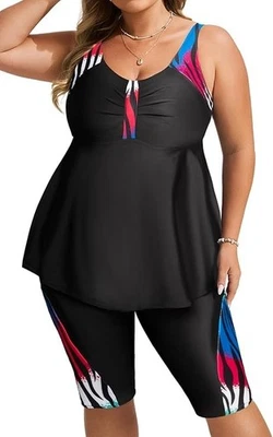 Women’s Plus Size Tankini Set with Long Shorts Black Colourblock Swimwear - Image 1 of 4
