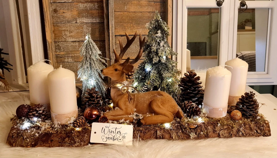 🌿 Weihnachten Advent Holz Tablett Adventskranz Hirsch Kerzen Natur LED  🌿 - Bild 1 von 4