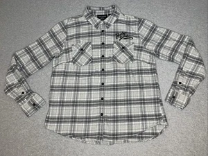 Harley-Davidson Flannel Shirt Womens Large Gray White Plaid Embroidered Retro - Picture 1 of 12