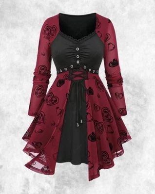 New Red & Black Gothic Corset Heart Flocked Studded Blouse Top size 3XL 22 24 26 - Image 1 of 4