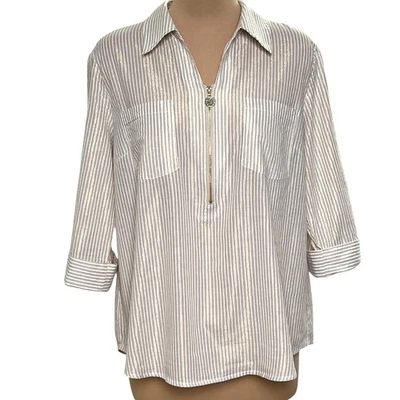 Anne Klein Blouse Size Large Quarter Zip Beige Metallic Gold Stripe Shimmer - Image 1 of 4