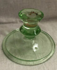 Elegant Uranium? Vaseline? Green Glass Floral Etch Candlestick Holder Vintage