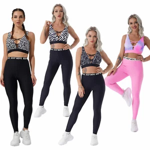Womens Casual Two-piece Sport Gym Outfit Cropped Vest with Letter Print Leggings - Picture 1 of 22