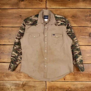 Vintage Wrangler Karohemd Druckknopf XL Camouflage Herren Langarm Beige Geometrisch - Bild 1 von 8