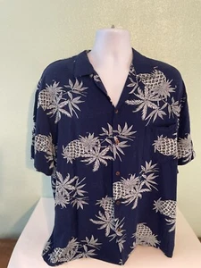 Two Palms Men's XL Blue Rayon Pineapple Short Sleeve Front Pocket Shirt - Picture 1 of 4
