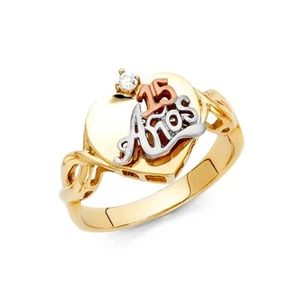 14K Solid Tri Color Gold 15 Years Birthday 15 Anos CZ Heart Quinceanera Ring - Picture 1 of 1