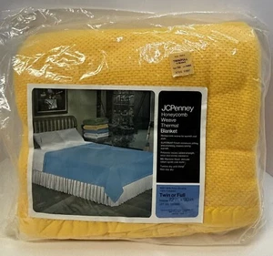 Vintage JC Penney Mustard Yellow Honeycomb Weave Thermal Blanket  72x90 NEW - Picture 1 of 5