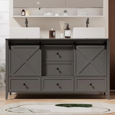 Mueble independiente de cerámica con lavabo doble de baño de 60" para almacenamiento de madera blanca Foto 1 de 4