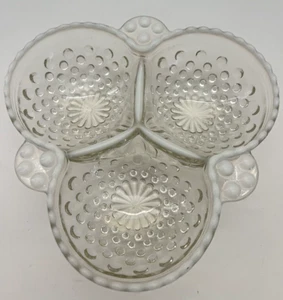 Fenton Opalescent Hobnail Monstone White 3 Section Candy/Condiment Serving Dish - Picture 1 of 13
