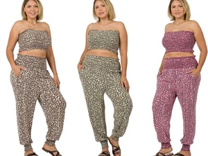 1X 2X 3X Leopard Animal Print gesmoktes Röhrentop & High Waist Lounge Jogginghose - Bild 1 von 13