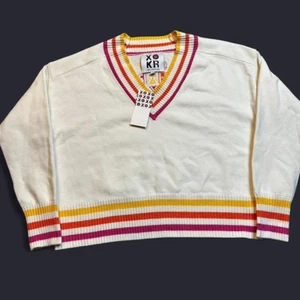 Maglione tennis Kerri Rosenthal a righe scollo a V V Varsity "Get Happy" medium - Foto 1 di 5