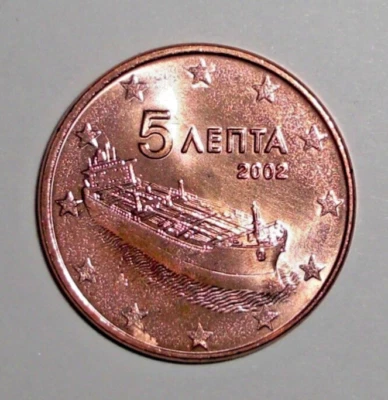 Moneda Grecia 2002 5 centavos de euro barco de carga barco petrolero Sea-Going Foto 1 de 2