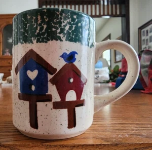 Bird House Mugs (pair) 12 oz. Gibson Genuine Stoneware Burgundy Red Blue White ! - Picture 1 of 16