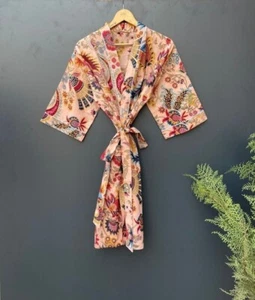Cotton Kimono Robe Dressing Gown, Block Print Bridesmaid Robe, Summer Nightwear, - Picture 1 of 3