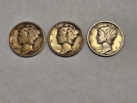 THREE MERCURY DIME LOT - 1939 P/D/S - RANGING AG-FINE Cover
