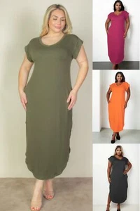 Women Plus V-Neck Maxi Dress Batwing Short Sleeve Pocket Lounge Shirt (1X,2X,3X) - Picture 1 of 19
