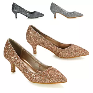 Womens Bridal Shoes Ladies Low Kitten Heel Party Glitter Point Courts Pumps Size - Picture 1 of 31