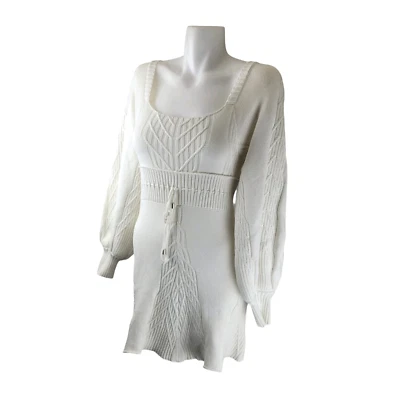 Free People Y2k Babydoll Boho Sweater Dress Womens S White Square Neck Milkmaid - Image 1 of 4