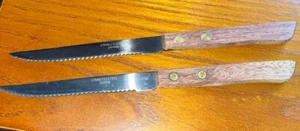 2 Vtg MCM Steak Knives Stainless Serrated 4” Blades Wood Handles Japan Unbranded - Picture 1 of 1