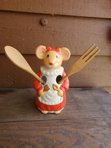 Vintage Keramik Küche Maus & Holz Löffel & Gabel handbemalt Utensilien Halter  - Bild 1 von 12