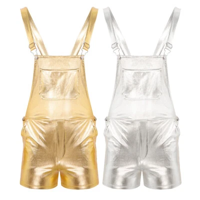 Men's Shiny Shorts Dungarees Suspender Hot Pants Leotard Bib Overall Jumpsuit - Image 1 of 2