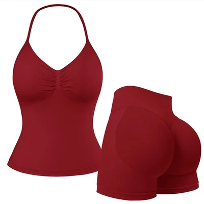 2 PIEZAS Conjuntos de Entrenamiento para Mujer Acolchado Longline Sujetador Deportivo Tanque Botín Elevación Gimnasio Pantalones Cortos Foto 1 de 4