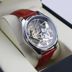 Men's Skeleton Bridge Movement Automatic Mechanical Watch Silver red Leather - Picture 1 of 13