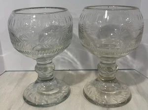 VTG Large Heavy Set Of 2 Clear Etched Fancy Glass Beer Schooner Goblets~7” Tall - Picture 1 of 5
