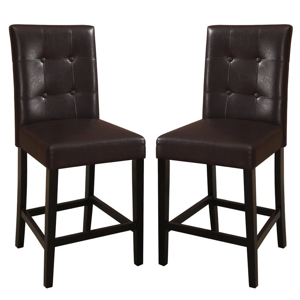 Juego de 2 sillas altas de madera Benjara con respaldo acolchado con botón marrón Foto 1 de 1