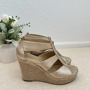 MK Michael Kors Berkley Wedge Sandals Metallic Canvas Pale Gold Women’s 9 - Picture 1 of 14