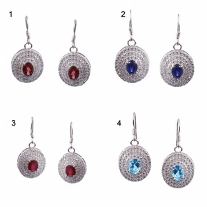 Garnet Ruby Blue Sapphire Topaz Chandelier Dangle Earrings 925 Sterling Silver - Picture 1 of 13