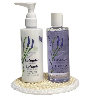 Crabtree & Evelyn Lavender 3 pc Set Body Wash & Body Lotion w/Pump + Loofa NEW - Image 1 of 4