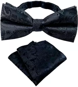 New Mens Pre-Tied adjustable Bow Tie Paisley Black Silk Bowtie Hanky Party - Picture 1 of 1